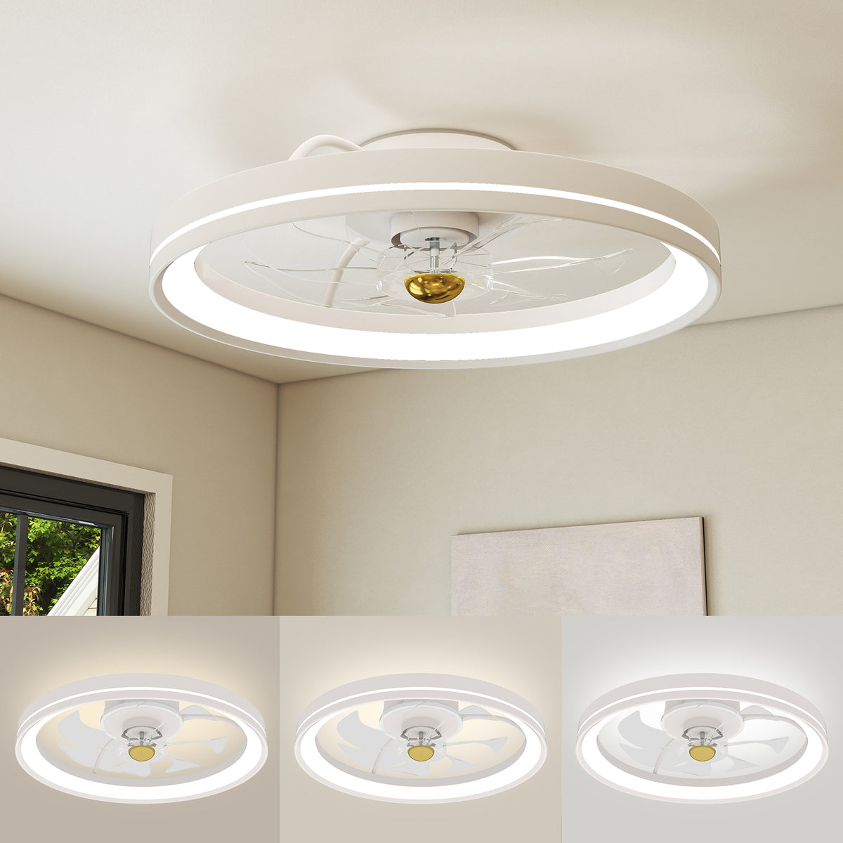 19 Inch Low Profile Ceiling Fan with Dimmable 3000-6500K LED Light - White
