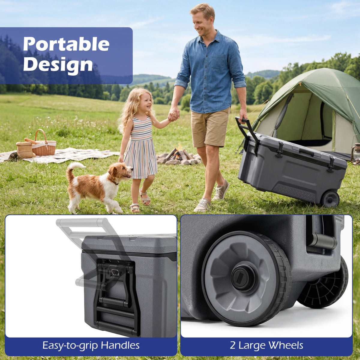 74 Quart Portable Rolling Cooler with Fish Ruler for Outdoor