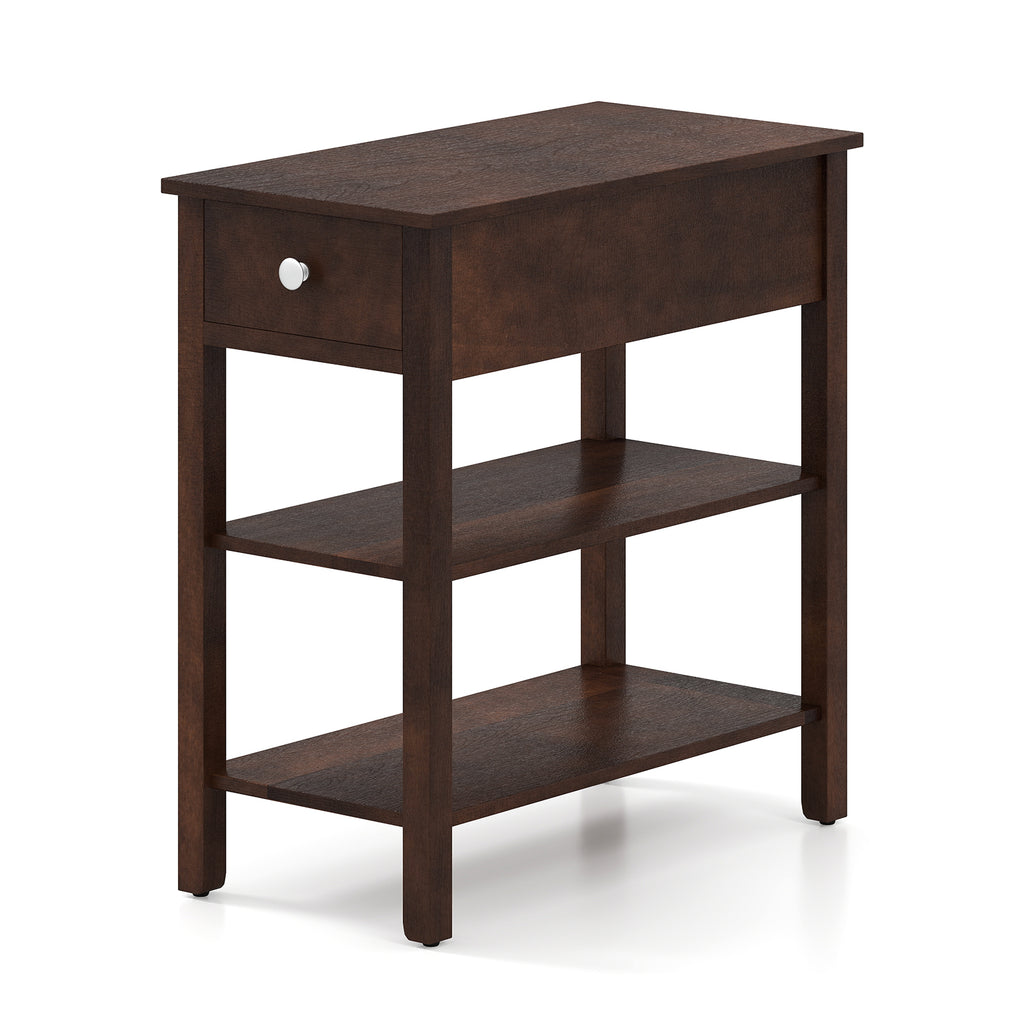 3-Tier Narrow End Table with Drawer, Walnut