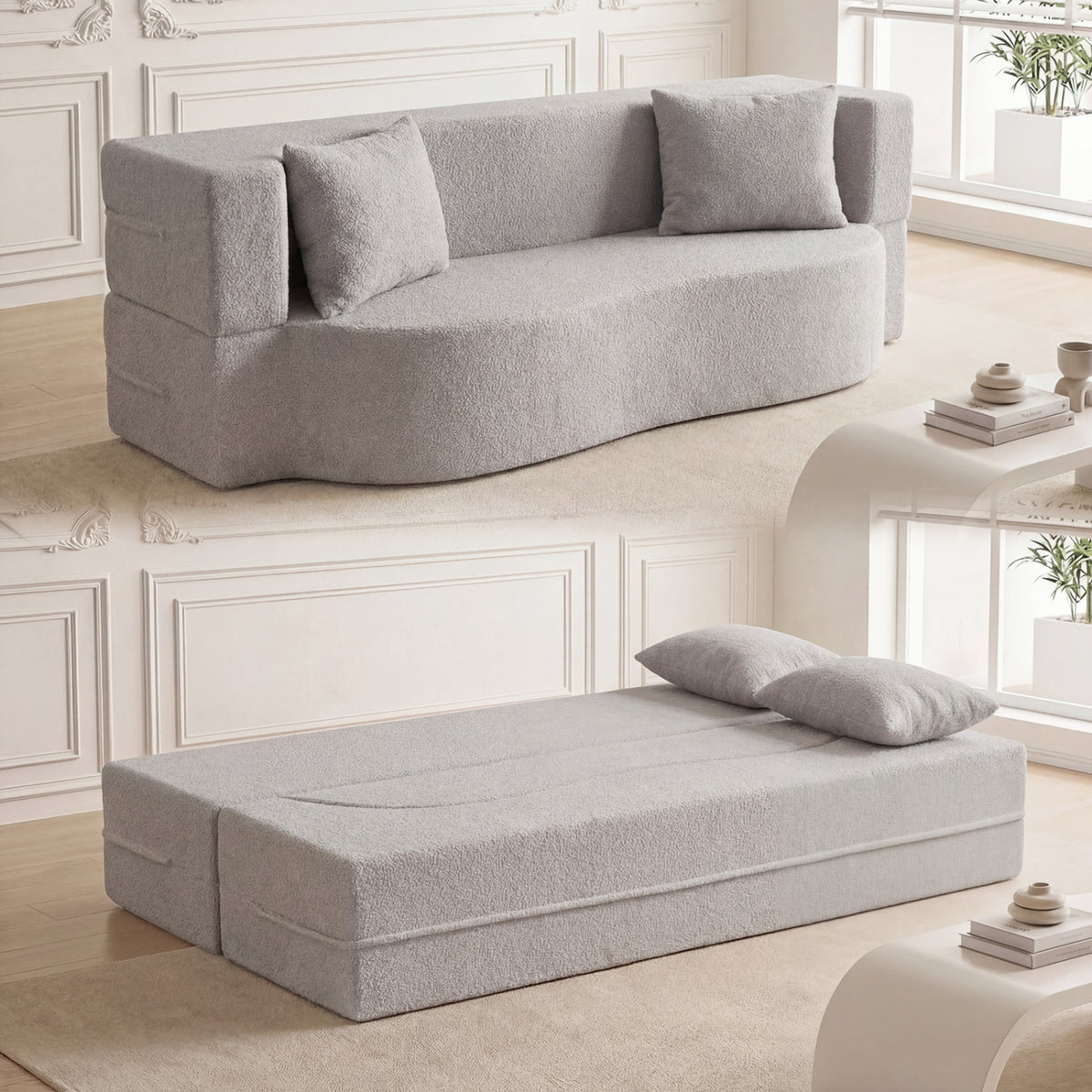 75.5" Folding Sofa Bed 2-in-1 Convertible - Gray Teddy Fleece