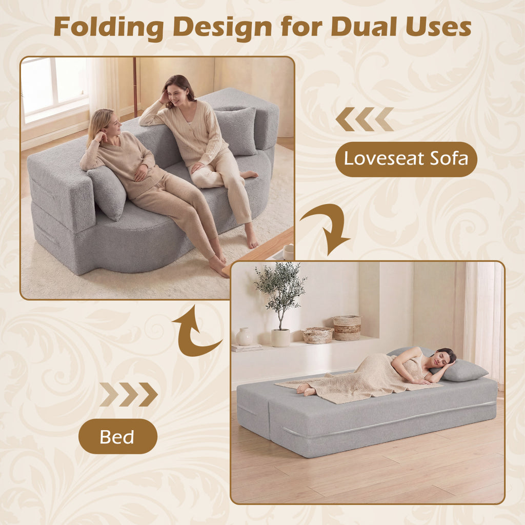75.5" Folding Sofa Bed 2-in-1 Convertible - Gray Teddy Fleece