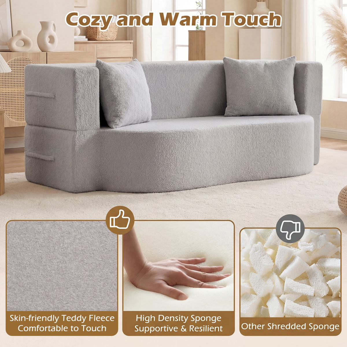 75.5" Folding Sofa Bed 2-in-1 Convertible - Gray Teddy Fleece
