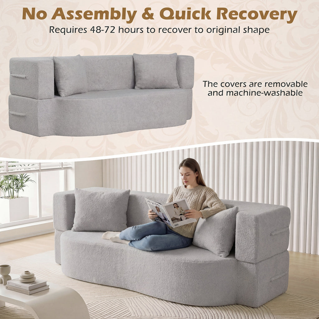 75.5" Folding Sofa Bed 2-in-1 Convertible - Gray Teddy Fleece