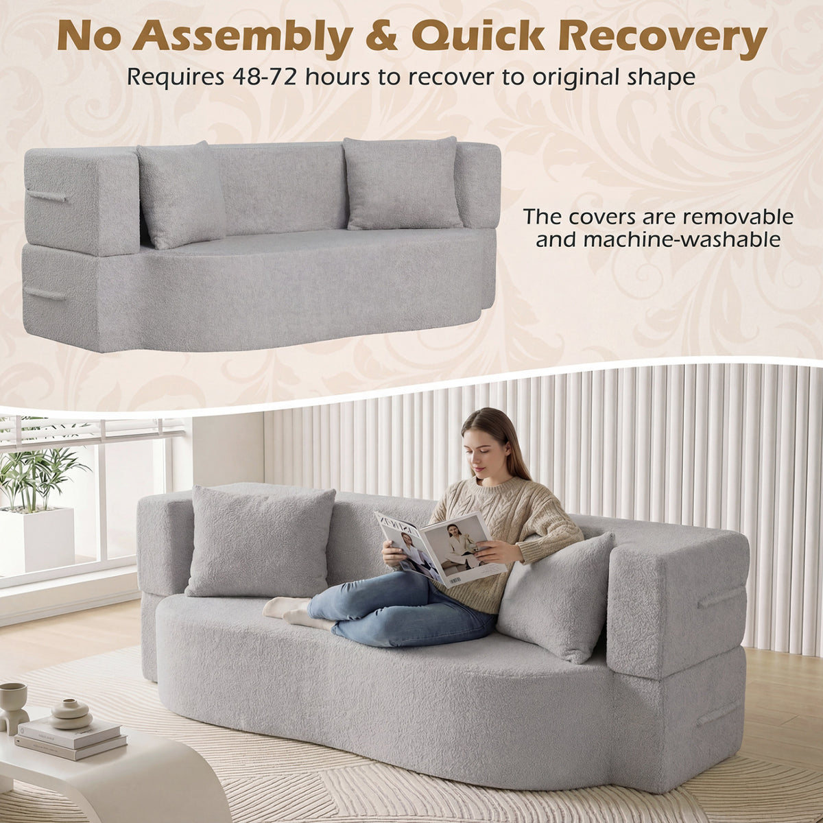 75.5" Folding Sofa Bed 2-in-1 Convertible - Gray Teddy Fleece