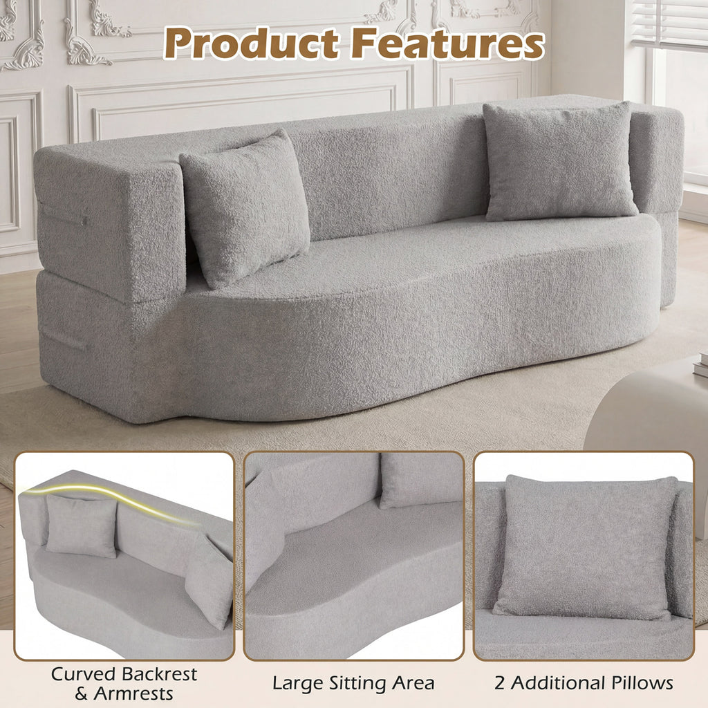 75.5" Folding Sofa Bed 2-in-1 Convertible - Gray Teddy Fleece