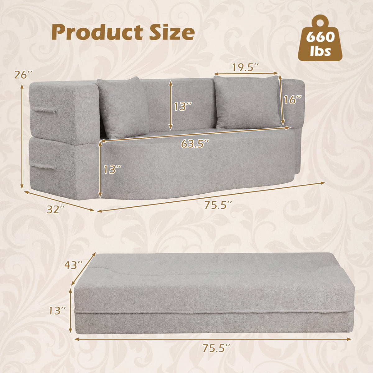 75.5" Folding Sofa Bed 2-in-1 Convertible - Gray Teddy Fleece
