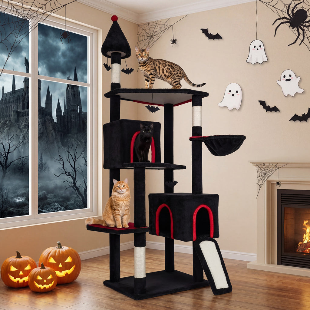 75-Inch Black Gothic Cat Tree with 2 Condos & Perch for Large Cats 20+ lbs - Durable Climbing Tower