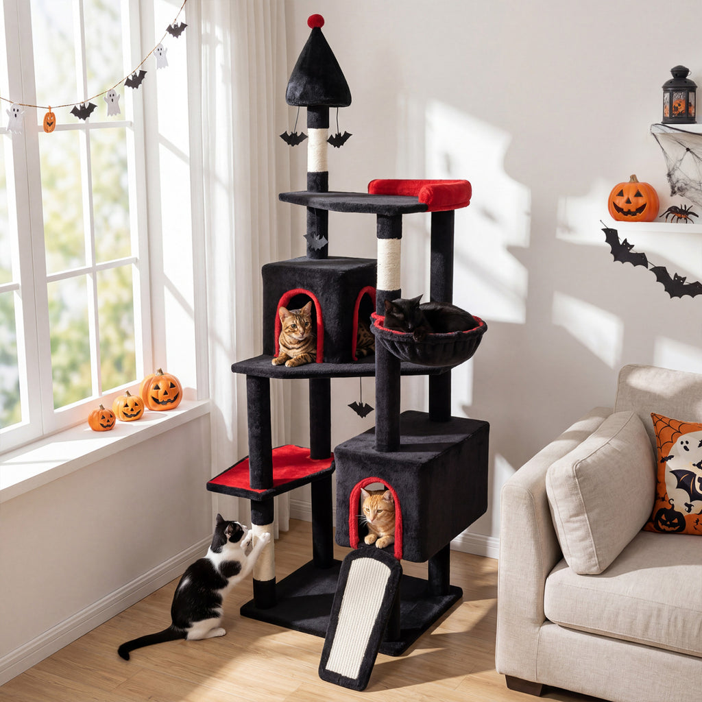 75-Inch Black Gothic Cat Tree with 2 Condos & Perch for Large Cats 20+ lbs - Durable Climbing Tower