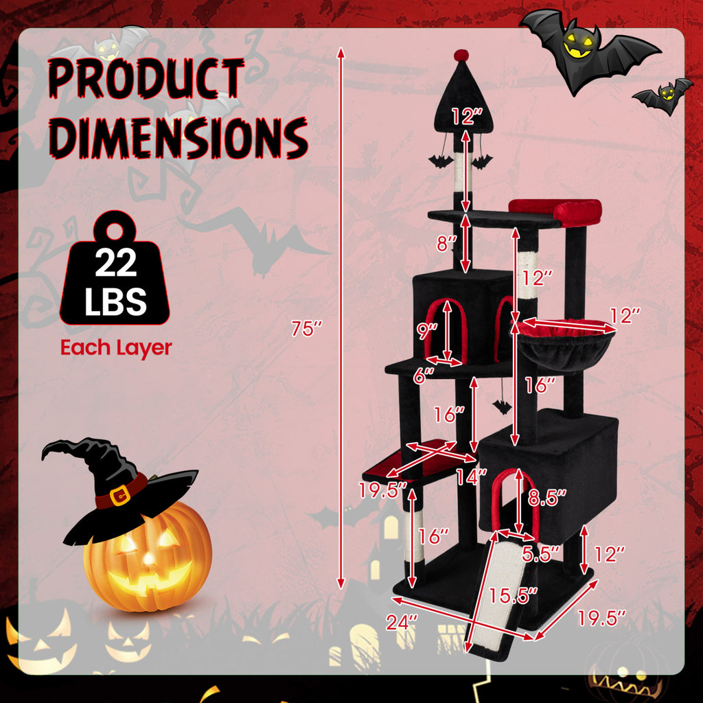 75-Inch Black Gothic Cat Tree with 2 Condos & Perch for Large Cats 20+ lbs - Durable Climbing Tower