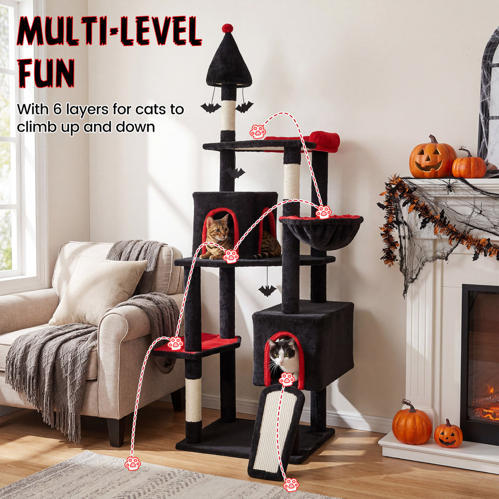 75-Inch Black Gothic Cat Tree with 2 Condos & Perch for Large Cats 20+ lbs - Durable Climbing Tower
