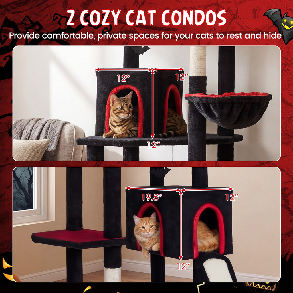 75-Inch Black Gothic Cat Tree with 2 Condos & Perch for Large Cats 20+ lbs - Durable Climbing Tower