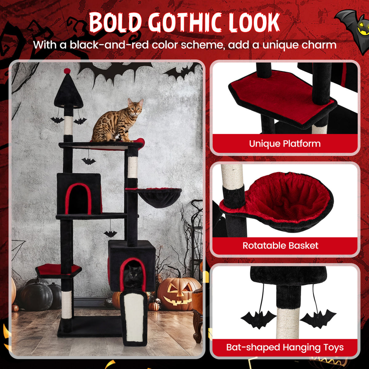 75-Inch Black Gothic Cat Tree with 2 Condos & Perch for Large Cats 20+ lbs - Durable Climbing Tower