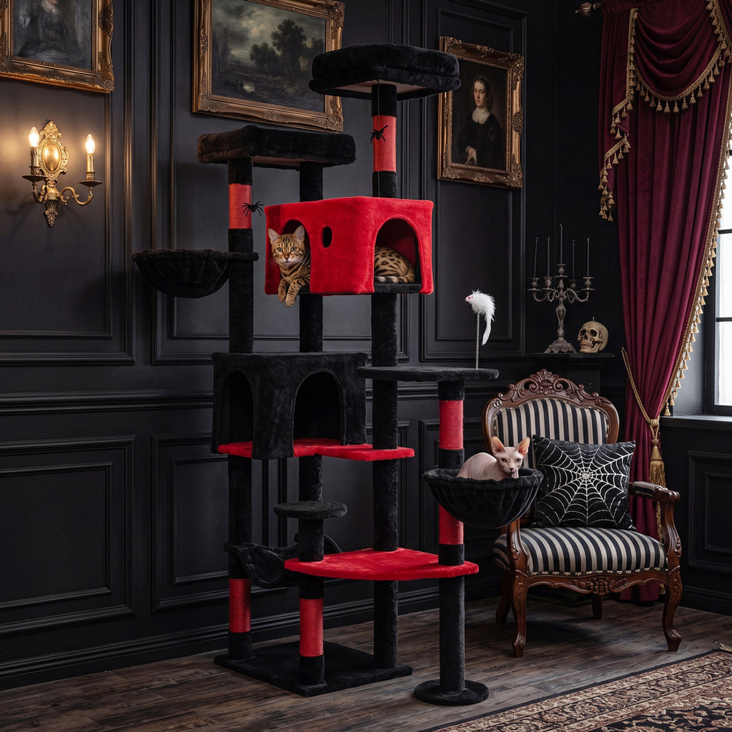 75 Inch Gothic Cat Tree with Plush Perches and Toys for Indoor Cats
