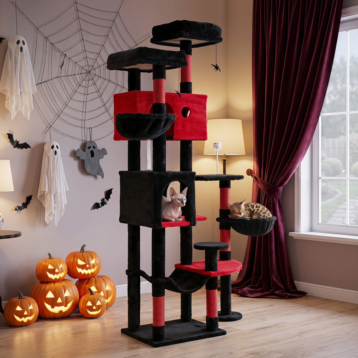 75 Inch Gothic Cat Tree with Plush Perches and Toys for Indoor Cats