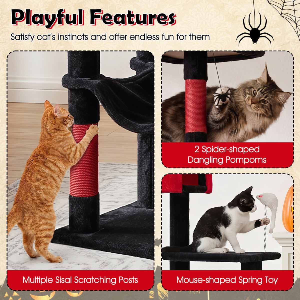 75 Inch Gothic Cat Tree with Plush Perches and Toys for Indoor Cats