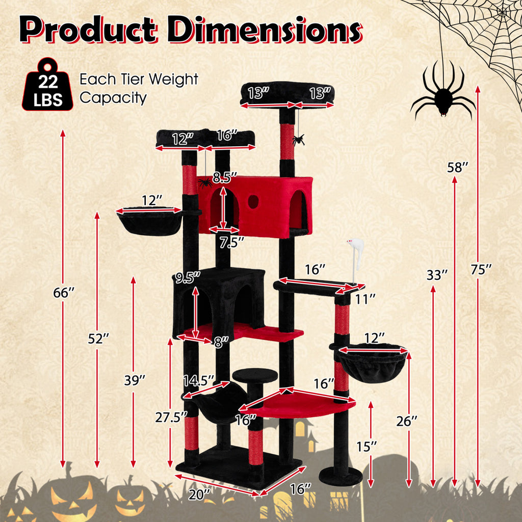 75 Inch Gothic Cat Tree with Plush Perches and Toys for Indoor Cats