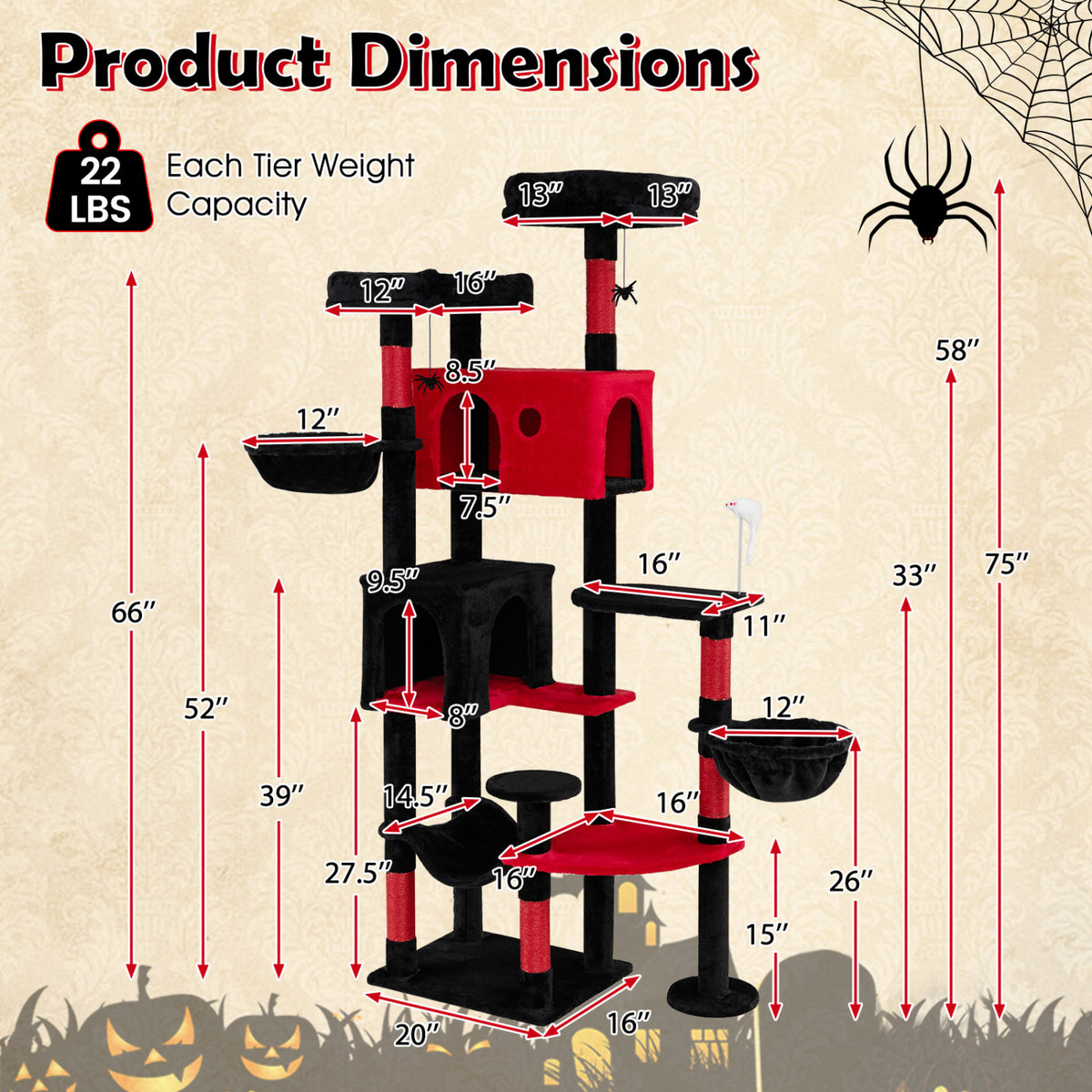 75 Inch Gothic Cat Tree with Plush Perches and Toys for Indoor Cats