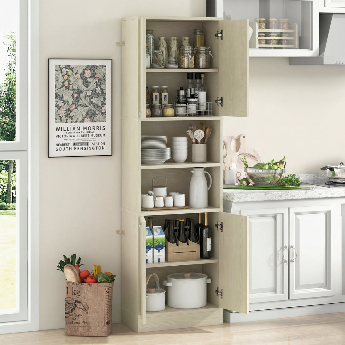 75-Inch Kitchen Pantry Cabinet with Doors & Shelves - Beige