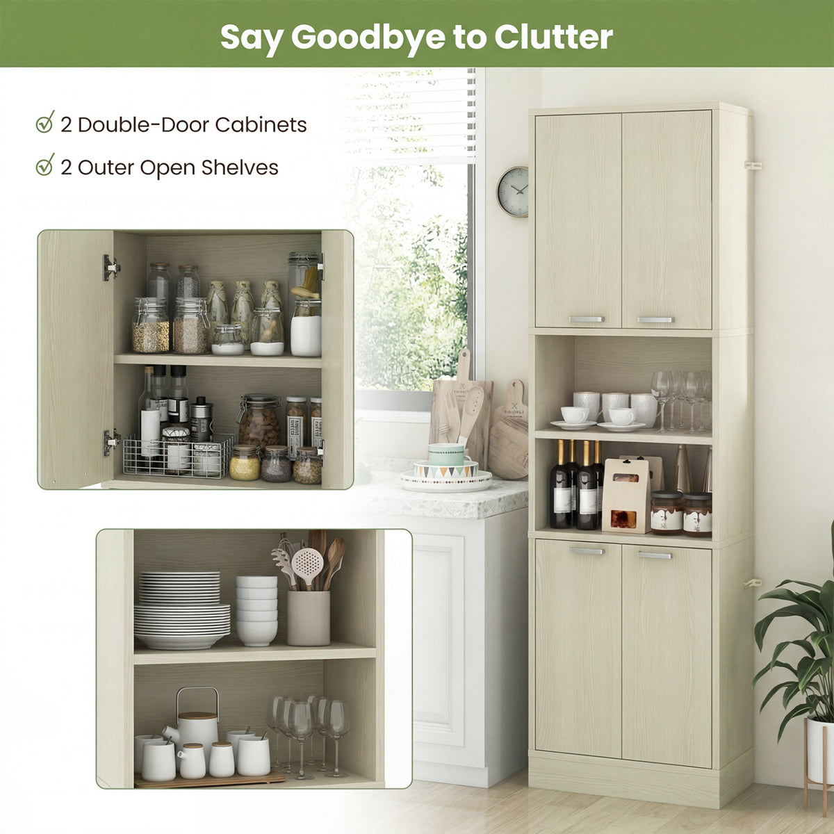 75-Inch Kitchen Pantry Cabinet with Doors & Shelves - Beige