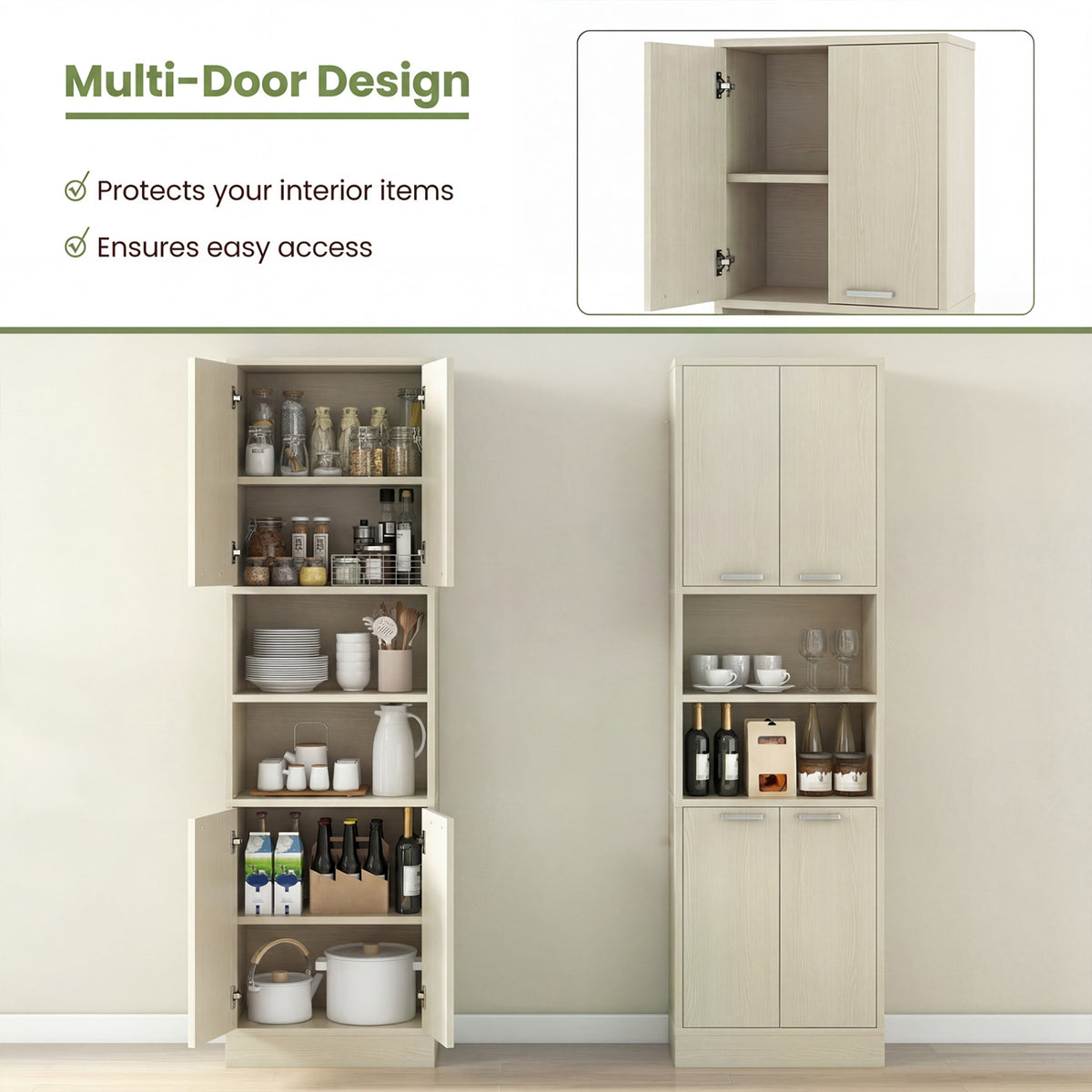 75-Inch Kitchen Pantry Cabinet with Doors & Shelves - Beige