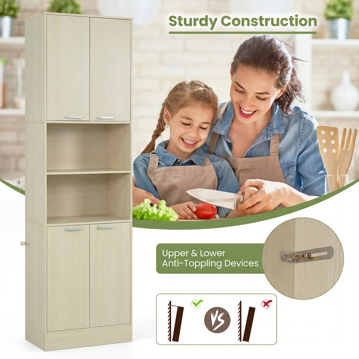 75-Inch Kitchen Pantry Cabinet with Doors & Shelves - Beige