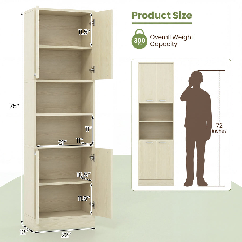 75" Tall Kitchen Pantry Cabinet with Doors & Shelves - Beige