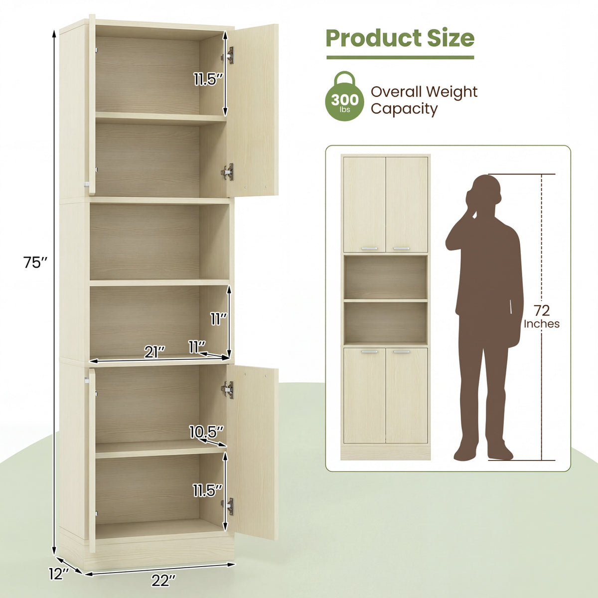75" Tall Kitchen Pantry Cabinet with Doors & Shelves - Beige