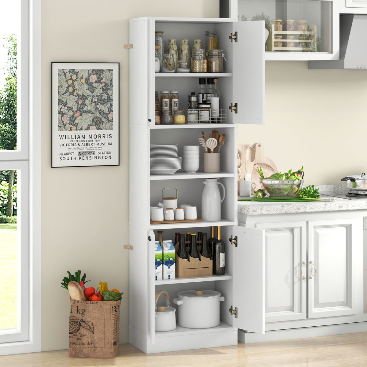 75-Inch Kitchen Pantry Cabinet with Doors & Shelves - Beige