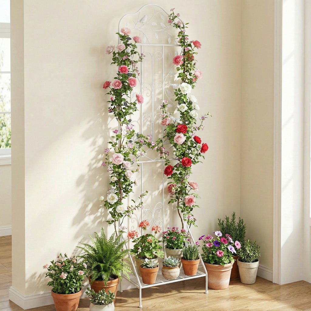 75 x 20 Inch Outdoor Metal Garden Trellis with Foldable Bottom Shelf