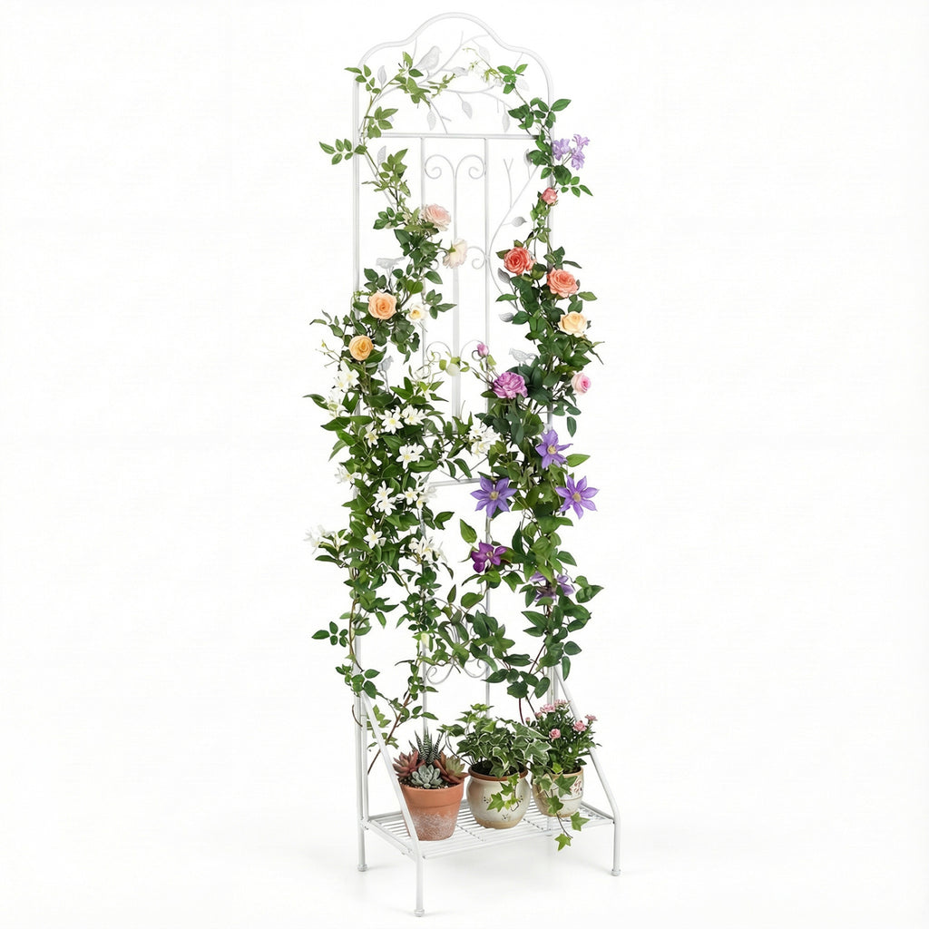 75 x 20 Inch Outdoor Metal Garden Trellis with Foldable Bottom Shelf