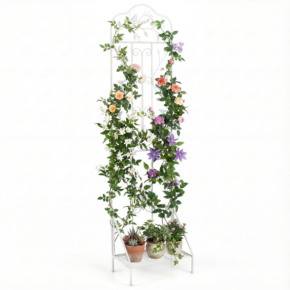 75 x 20 Inch Outdoor Metal Garden Trellis with Foldable Bottom Shelf