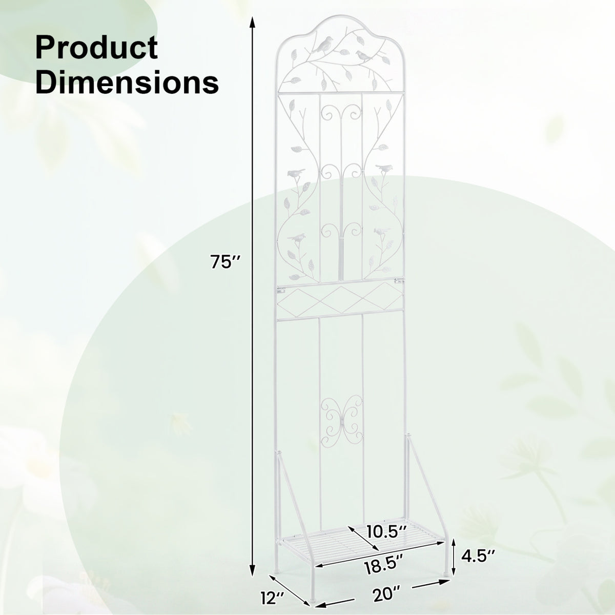 75 x 20 Inch Outdoor Metal Garden Trellis with Foldable Bottom Shelf