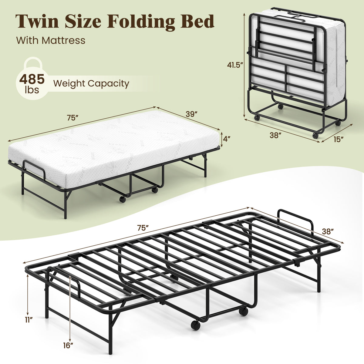 Twin Size Folding Guest Bed with Memory Foam Mattress - 75 x 38 Inch