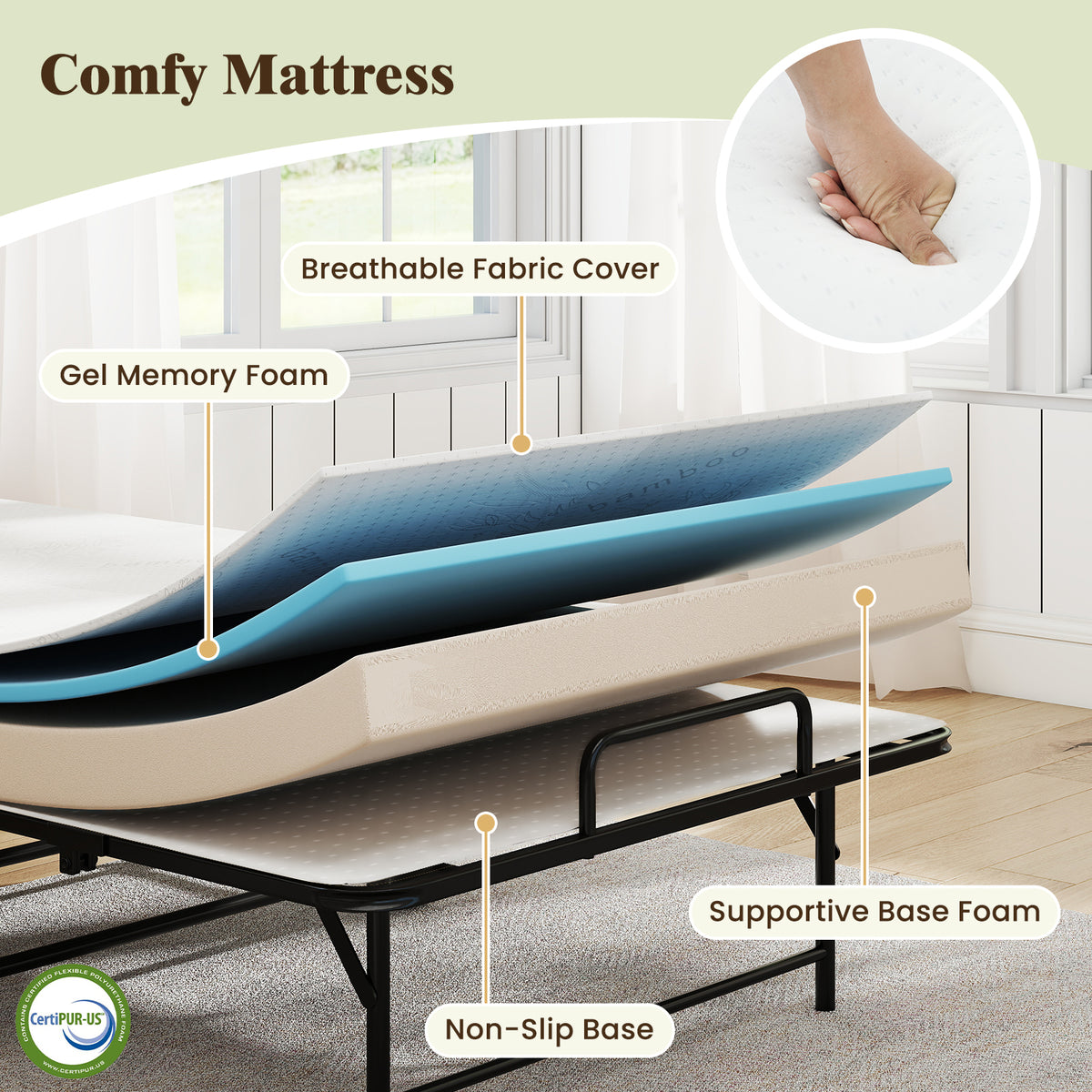 Twin Size Folding Guest Bed with Memory Foam Mattress - 75 x 38 Inch