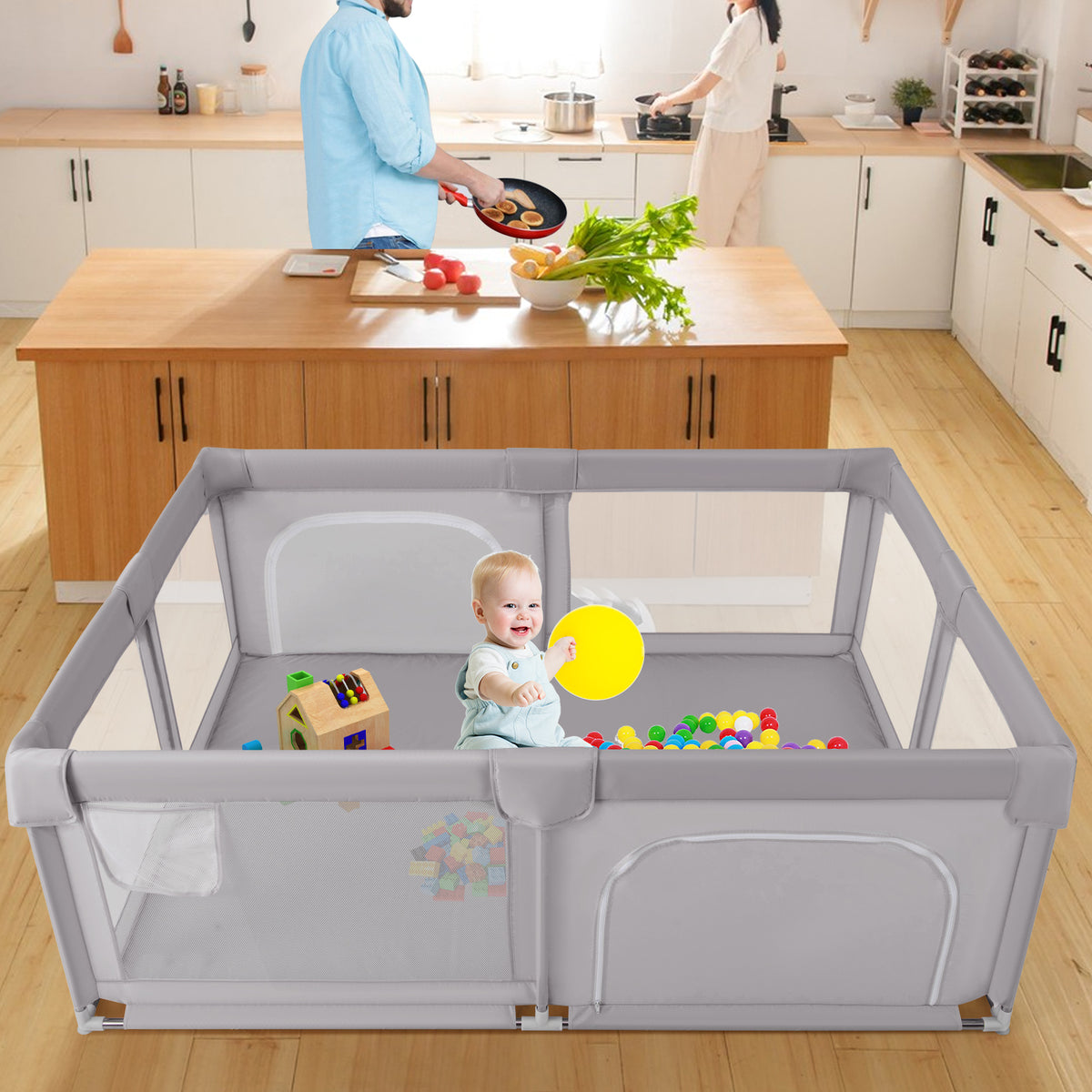 Large Baby Playpen 75x59 Inch with Breathable Mesh, Zipper Doors - Style 2 Gray