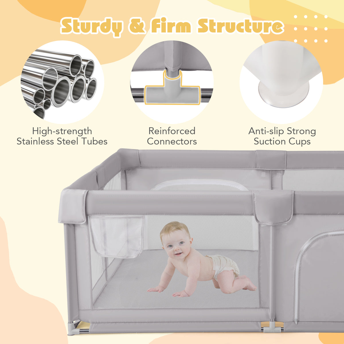 Large Baby Playpen 75x59 Inch with Breathable Mesh, Zipper Doors - Style 2 Gray
