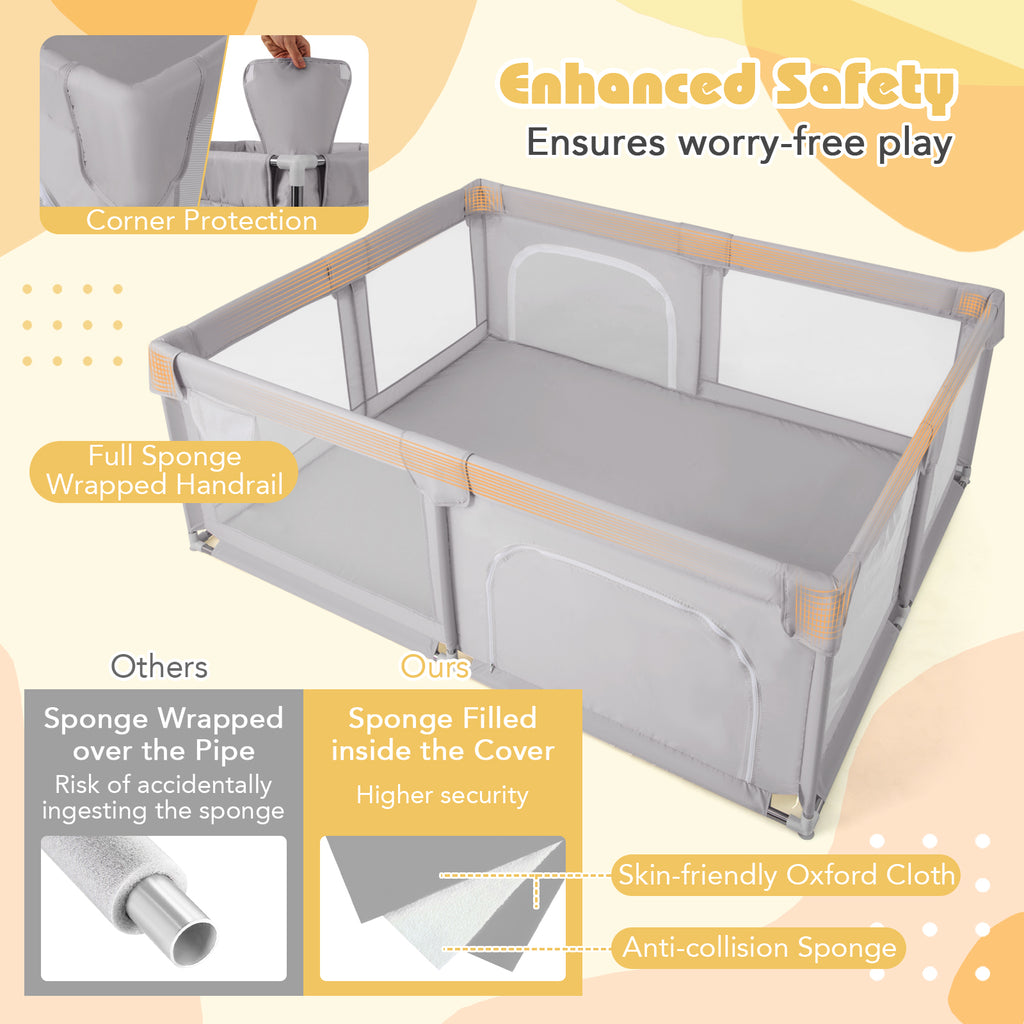 Large Baby Playpen 75x59 Inch with Breathable Mesh, Zipper Doors - Style 2 Gray