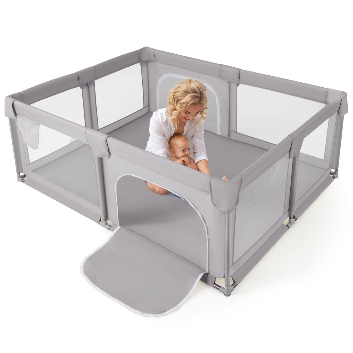 Large Baby Playpen 75x59 Inch with Breathable Mesh, Zipper Doors - Style 2 Gray