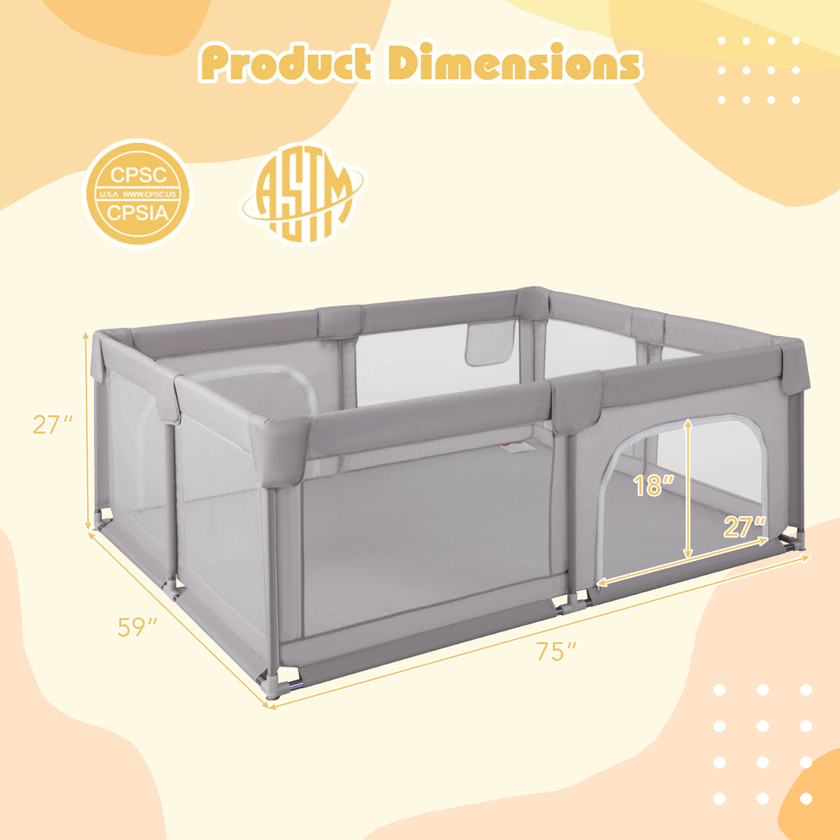 Large Baby Playpen 75x59 Inch with Breathable Mesh, Zipper Doors - Style 2 Gray