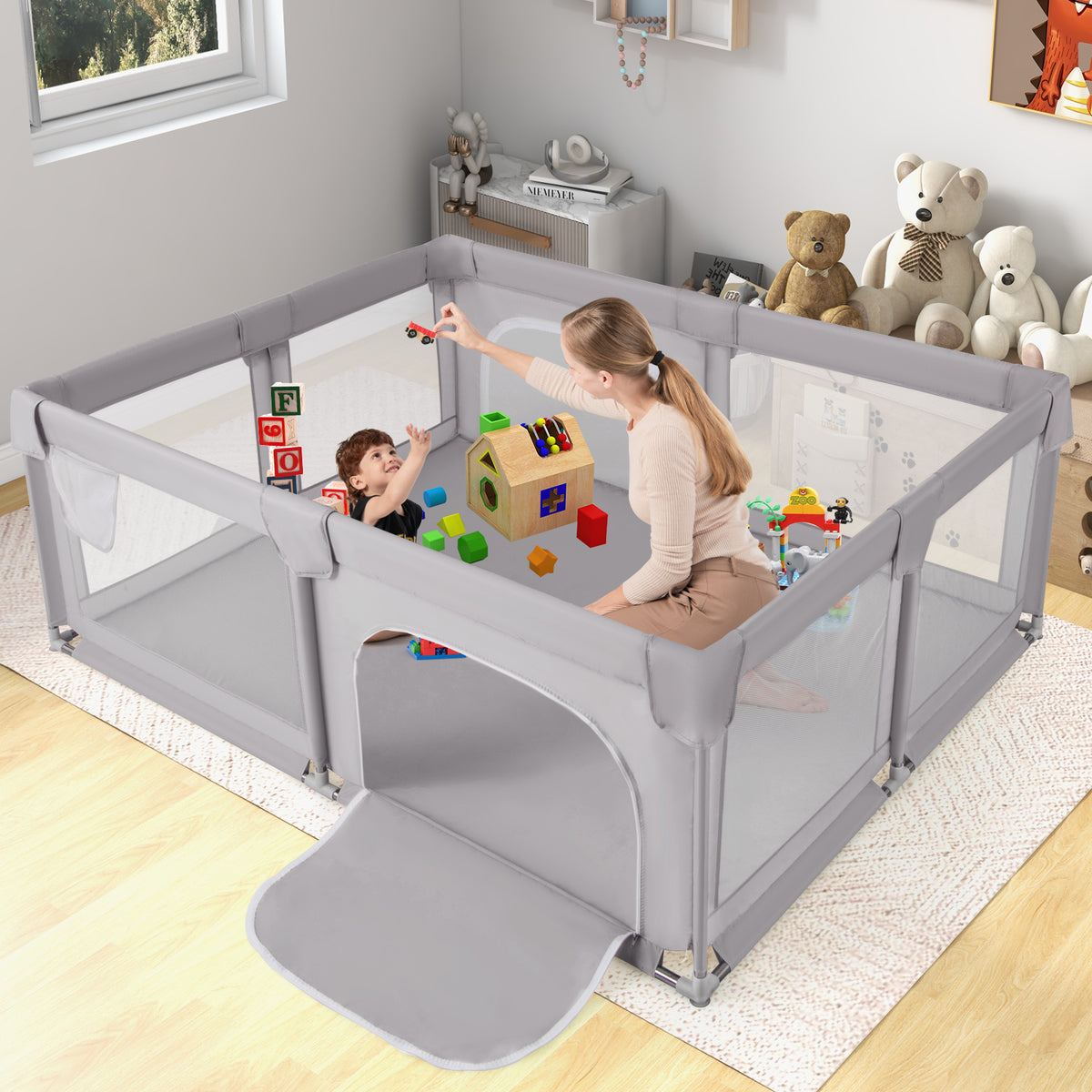 Large Baby Playpen 75x59 Inch with Breathable Mesh, Zipper Doors - Style 2 Gray