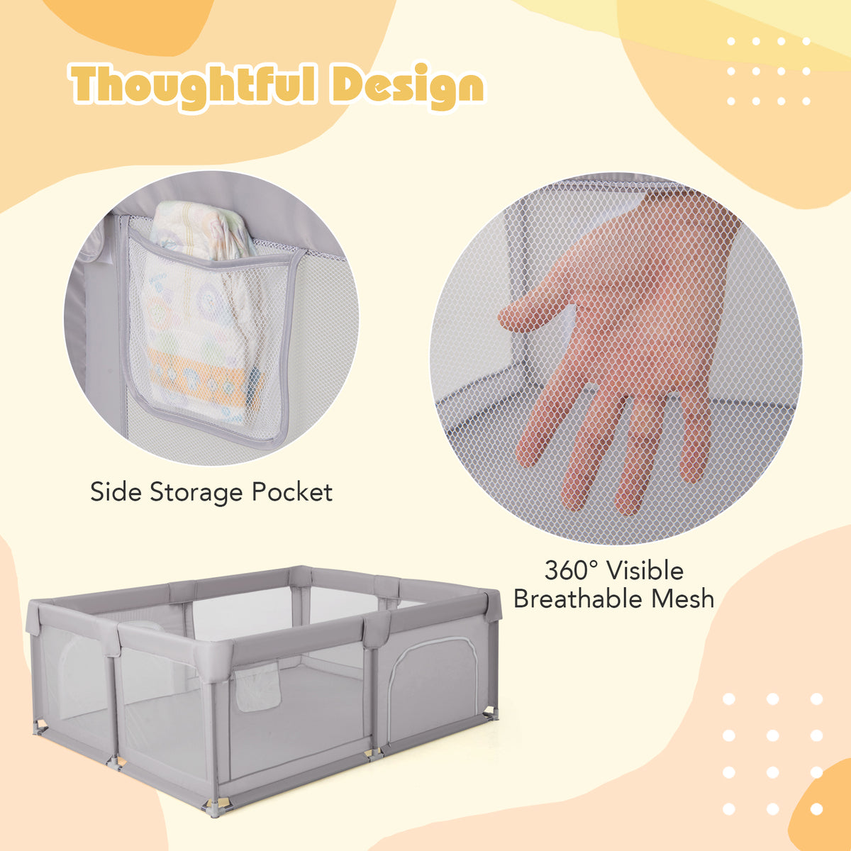 Large Baby Playpen 75x59 Inch with Breathable Mesh, Zipper Doors - Style 2 Gray