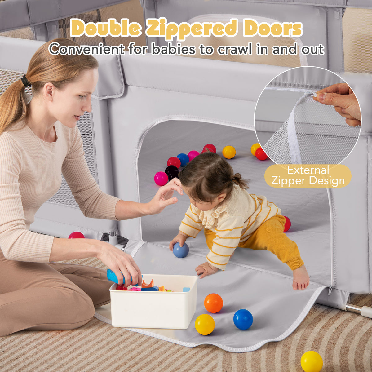 Large Baby Playpen 75x59 Inch with Breathable Mesh, Zipper Doors - Style 2 Gray