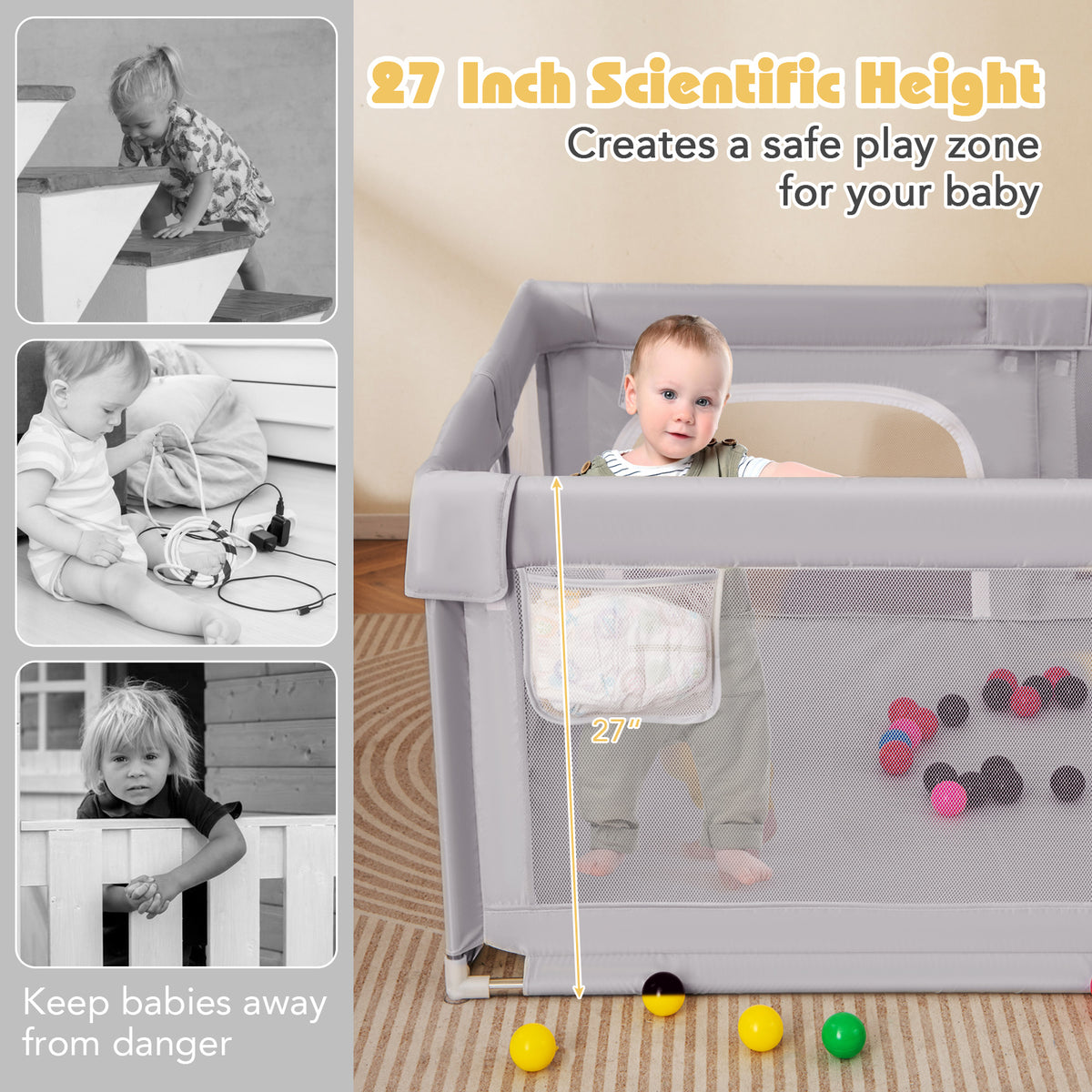 Large Baby Playpen 75x59 Inch with Breathable Mesh, Zipper Doors - Style 2 Gray
