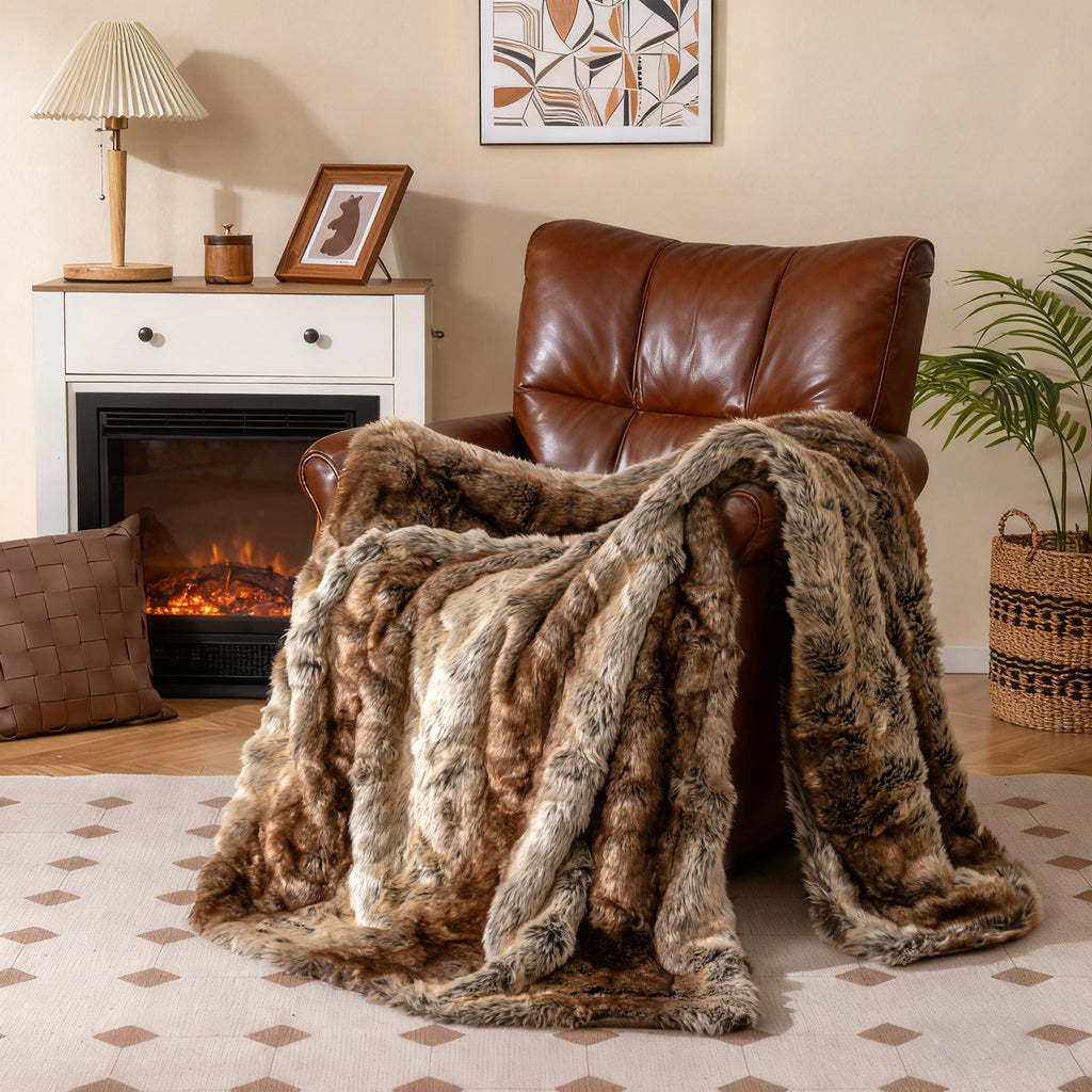Faux Raccoon Fur Blanket for Sofa - 760GSM, Coffee