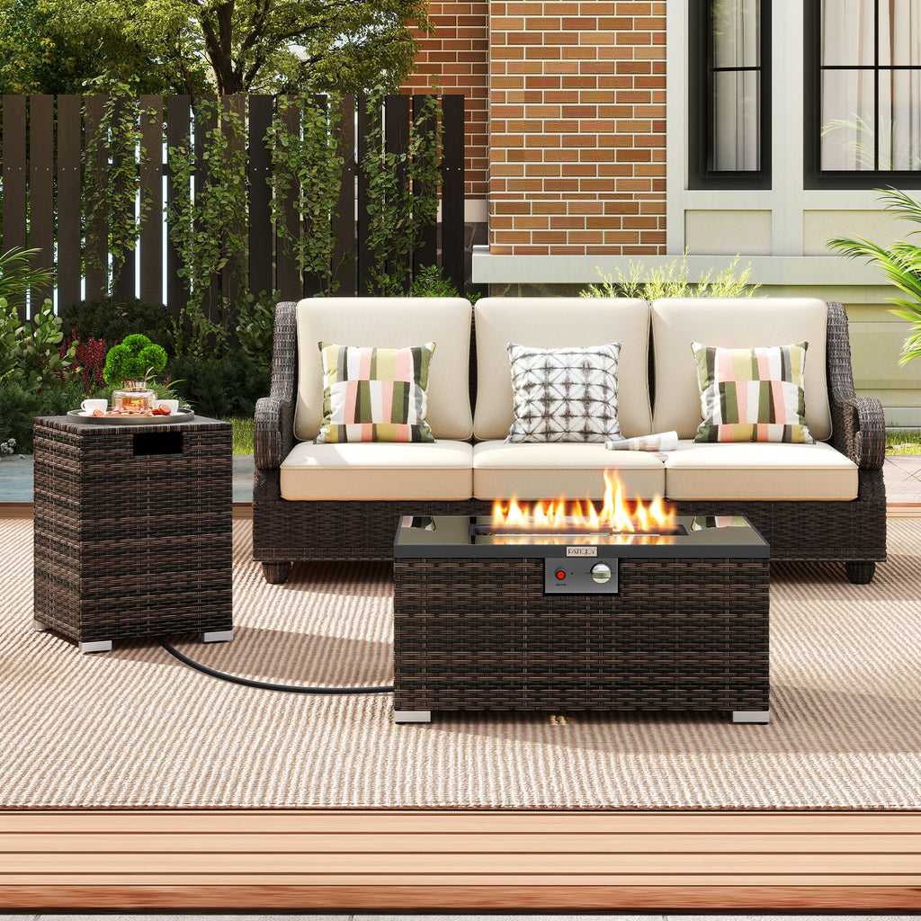 2-Piece Outdoor Rattan Fire Pit Table Set 32" - Brown
