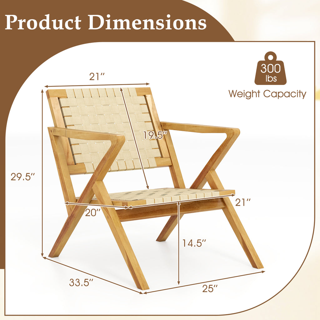 Outdoor and Indoor Teak Wood Patio Chair wuth Webbing Seat Backrest