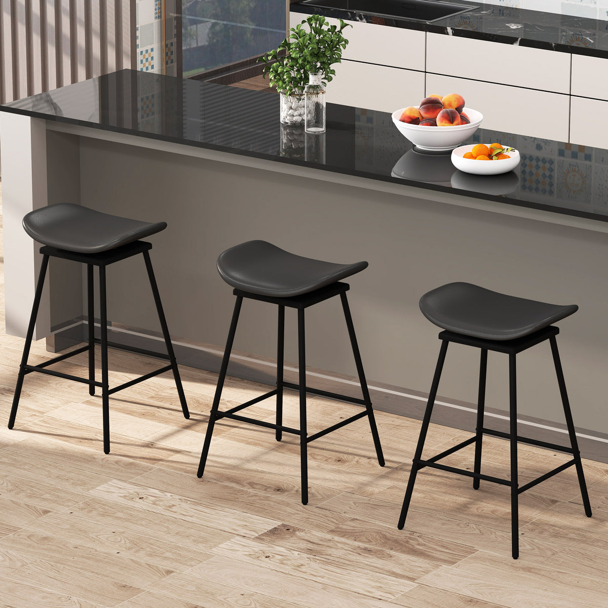 Set of 2 Swivel Barstools Faux Leather Backless Black