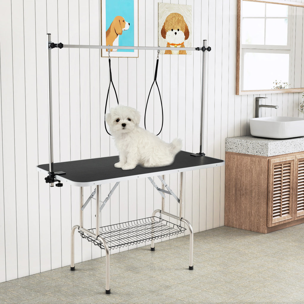 Foldable Dog Grooming Table with Height Adjustable Arms - Black - Space-Saving Pet Grooming Station