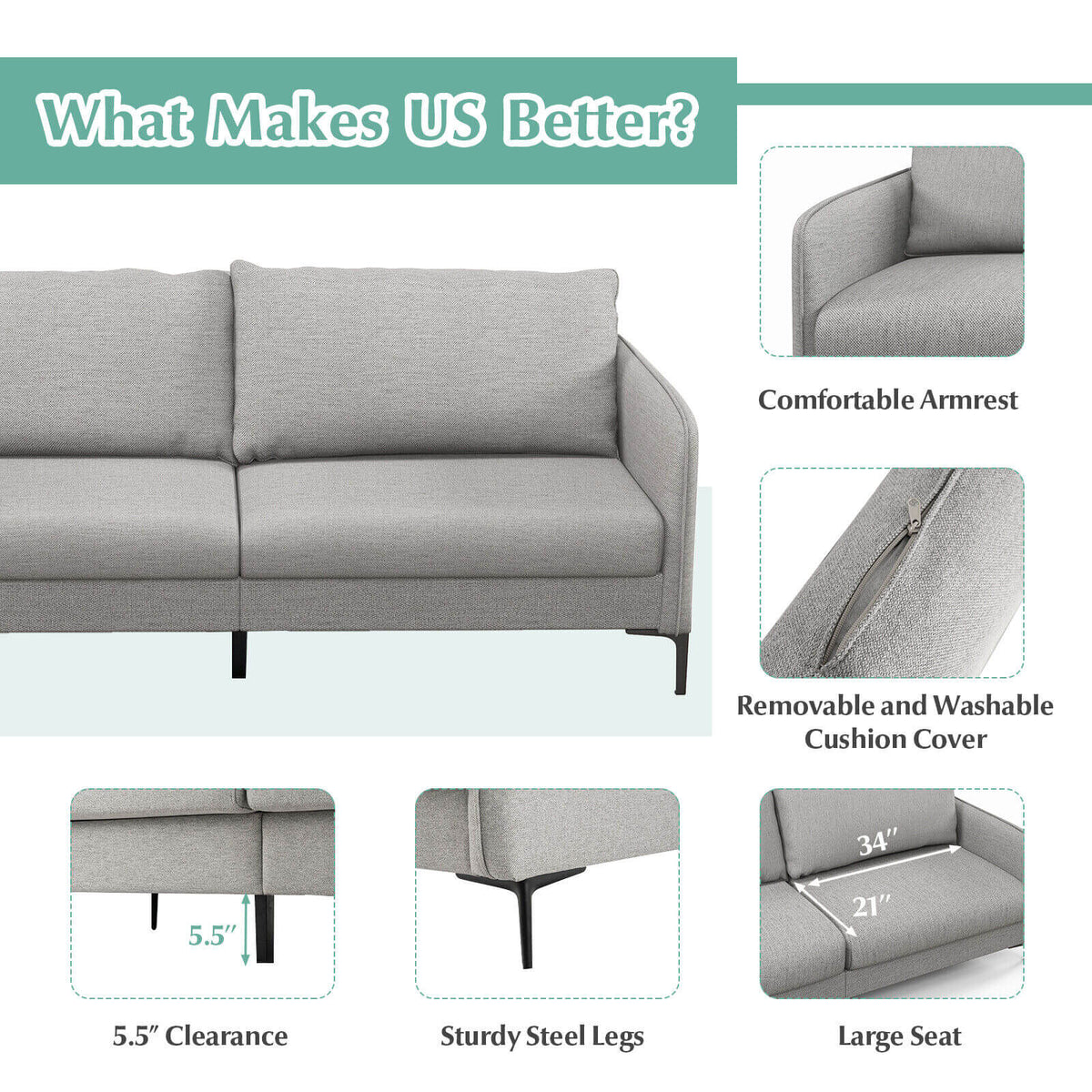 Modern 76 Inch Loveseat Sofa Couch, Gray