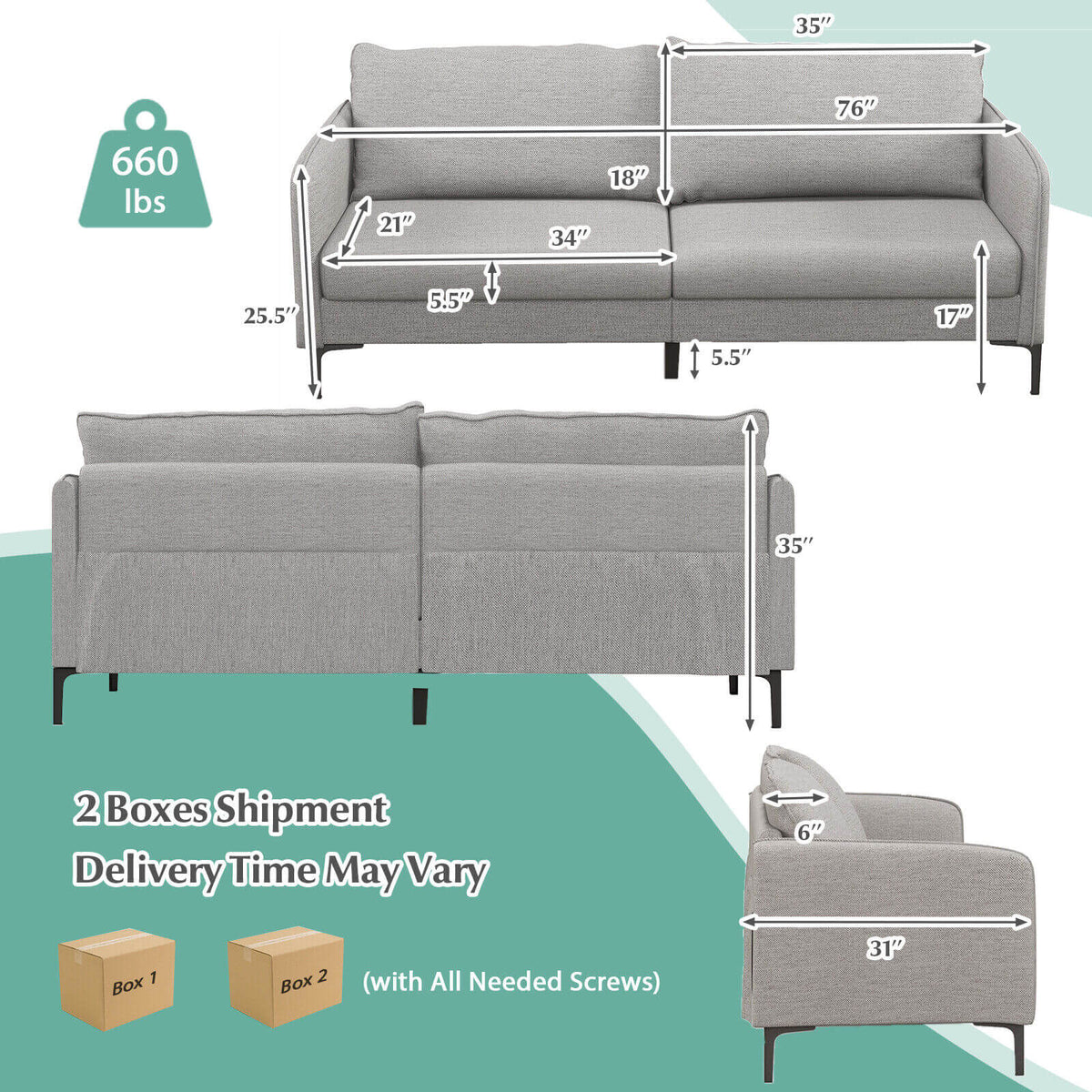 Modern 76 Inch Loveseat Sofa Couch, Gray